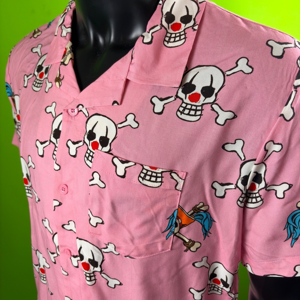 One Piece Hawaiian Shirt Mens M Netflix Pink Buggy The Clown Button Up Rayon NEW